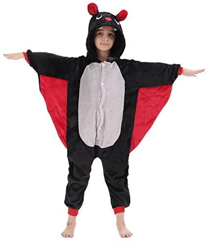 LOBUJOU Kids Onesie Costume for Boys Girls Halloween Animal Cosplay One Piece Flannel Hooded Black Bat M
