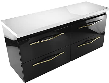 paplinskimoebel Ensemble d'armoire de salle de bain haute brillance avec plan de travail pour lavabo posé, taille 120 cm, double avec plan de travail, quatre tiroirs, dessus noir et blanc