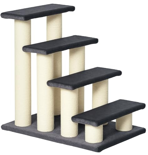PawHut Cat Tree with 4 Steps for High Beds Couch, Cute Stair Shaped Cat Tree for Indoor Cats or Dogs w/Sisal Scratching Post, Climbing, Playing, Gray
