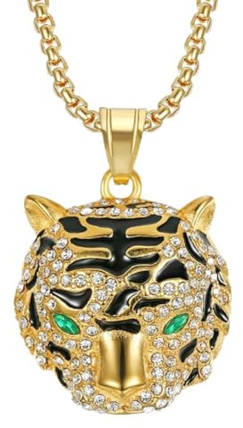 Ciondolo testarda, tigre luccicante, collana testarda, tigre, etolante, per uomini, collana animale tigre dorata, hip hop, gioielli animali testa, tigre in strass, collana pendente punk tigre re per