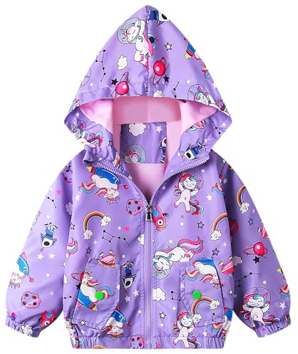 Baogaier Niñas Chaquetas Unicornio Colorido Caballo Impresión Cazadora Capucha Transpirable Abrigos Casual Ligero Fino Manga Larga Cortavientos con Cremallera Primavera Verano 6-7 Años