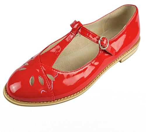 Women's On Flats Shoes Ladies Red Leather Mary Jane Pumps, UK Sizes 3-7, Rounded Toe, Adjustable Buckle Strap for Woman Comfort Soft. (RED, UK Footwear Size System, Adult, Women, Numeric, Medium, 3)