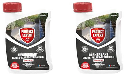 PROTECT EXPERT Désherbant Concentré - Cours Allées Terrasses - Effets Visibles Sous 3h - 2x700ml - Jusqu’à 116m² Traités - Bidon Doseur PROCOUR700X2