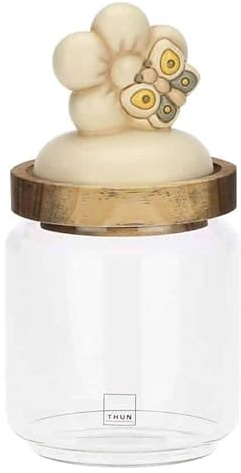 THUN, Barattolo in Vetro con Coperchio in Legno Versione Piccola, Contenitori per Alimenti, Linea Elegance, 400 ml di Capienza, Ø 9 cm, 11 cm h