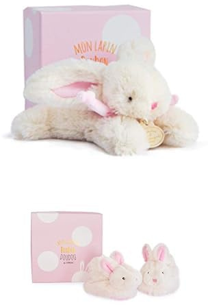 Doudou et Compagnie Lot Lapin Bonbon Rose : Doudou 16cm + Chaussons Hochet 0-6 Mois - Boîtes Cadeaux - pour Bébé Fille/Garçon - Garantie Doudou Perdu - DC3375 + DC1308