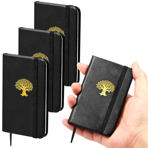 Qeeenar 4 Pcs Mini Leather Pocket Notebook 4 x 2.5 Inch Small Hardcover Notebook 50 Sheets Hardcover Mini Notepad Tiny Lined Journal for Office Home School Writing Supplies(Tree of Life)
