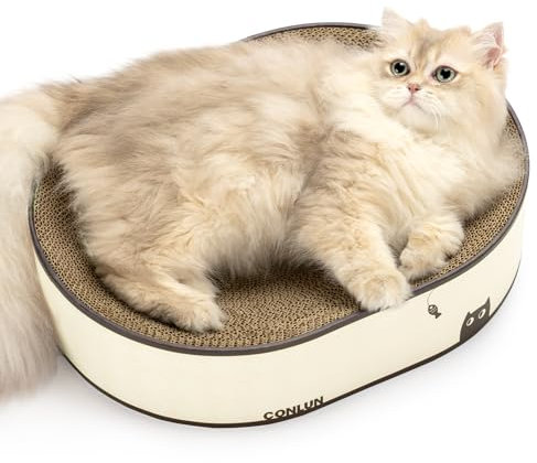 Conlun Katzen-Kratzbrett, Ovales Kratzpappe für Katzen, 2-in-1 Design aus Naturkarton, Kratzsofa-Lounge mit geschlossenem Krümelboden,Sofort nutzbar – Keine Montage,Stylische Farben für jedes Zuhause