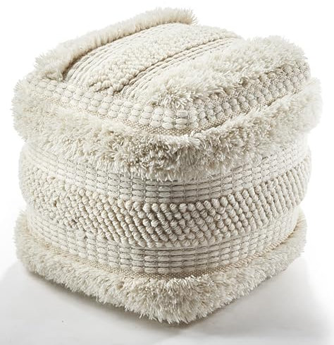 Kobolo Sitzhocker Karma Pouf, eckiger Baumwolle-Hocker, ideal zum Sitzen & Dekorieren, modernes Boho-Design, multifunktional, beige, 42 x 42 x 42 cm - perfekt für Wohnzimmer & Schlafzimmer, vegan