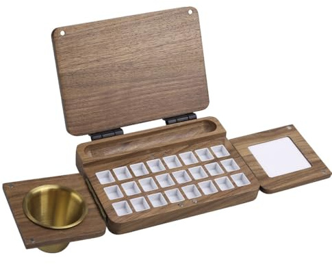 Portable Watercolor Palette, 24-Grids Wooden Palette Box with Wash Cup Travel Watercolor Tray for Watercolor, Gouache Acrylic