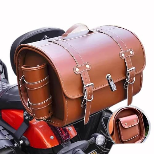 XIBANY Sacoche pour Monkey 125 Monkey125, Sacoche de Selle Arrière Vintage en Cuir, Top Case Moto Étanche, Ranger Casque et Bagages, Coffre de Voyage, A Brown