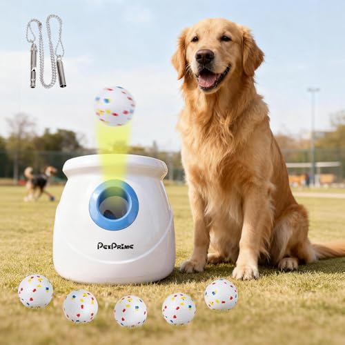 Pet Prime Upgraded Automatic Dog Ball Launcher for Large Dogs,Interactive Rechargeable Dog Ball Thrower Launcher Toy,Adjustable 10-64ft,6PCS 2.5 ETPU Balls & 1 Whistle Included,Outdoor Use