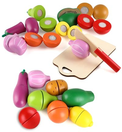 Accessori cucina bambini in legno – Giochi in legno con frutta e verdura giocattolo per bambini da tagliare, accessori cucina per giochi di ruolo, ideale come regalo per bambini