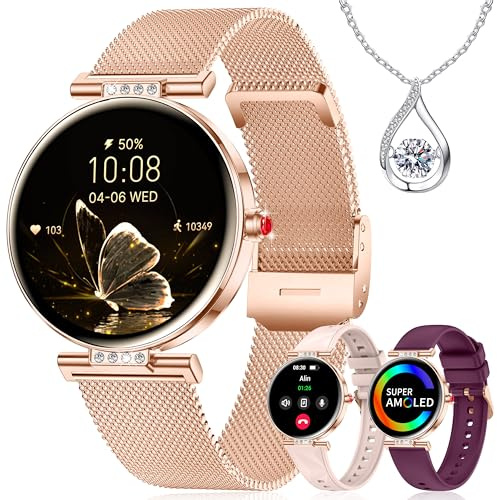 Montre Connectée Femme 1,19 AMOLED 3 Bracele Petit Poignet Appel Bluetooth | Smartwatch Fitness Podomètre ave Fréquence/SpO2/Sommeil Montre, 120+ Sport Modes Compatible Android iPhone, Or Rose