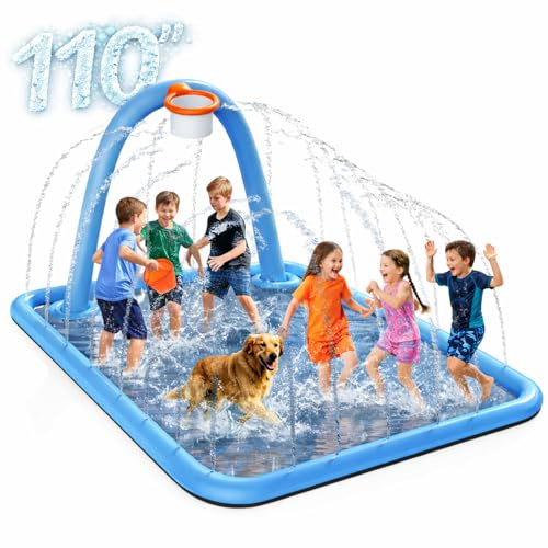 Octaplay Splash Pad for Kids & Dogs, 102x87'' Large Sprinkler Pad Water Toys with Basketball Hoop, Thickened Non-Slip Splash Mat, Foldable Play Pool & Outdoor Summer Toys Ages 4-12 (110 Splash Pad)