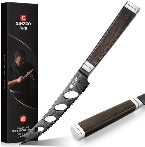 XINZUO 13cm Coltello da Formaggio Acciaio Damasco a 67 Strati -Lama Nera -punta a Forchetta -lama Seghettata e Antiaderente -per Formaggio, Burro, Frutta e Pane -Manico in Legno di Ebano