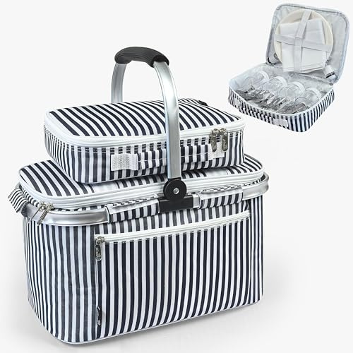 Kato Tirrinia 34 L Shoppingkorg, vikbar kylväska med lock, picknickkorg för 2 personer med besteckficka, aluminiumram picnickorgen, 42,67×24,6×25,4 cm, för inköp, resor och picknick (Ränder)