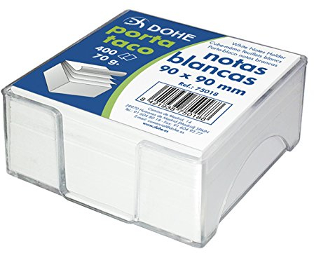 DOHE -Zettelbox mit Block aus 400 Zetteln, 90 x 90 mm. Weißes Papier, 70 g. Hergestellt aus transparentem Spritzkunststoff von höchster Qualität.