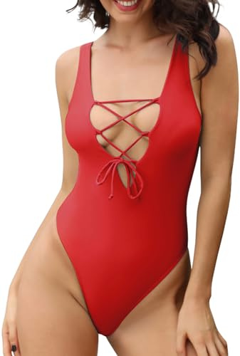 SHEKINI Donna Costume da Bagno Intero Profondo Scollo a V Regolabili Cross Ties-up Beachwear Backless Stampa Interi Monokini Spiaggia(Large, Rosso)