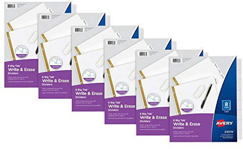Avery Big Tab 21213 Schreib- und Löschpapier-Trennblätter mit goldfarbener Verstärkung, 8 Register, Weiß, 6 Sets