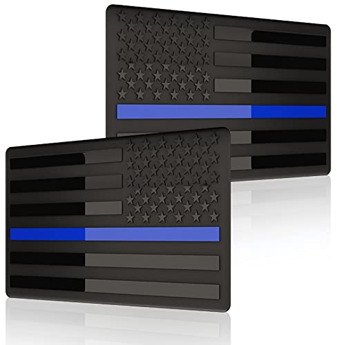 Embossed 3D Metal Thin Blue Line All Black American Flag Emblem Decal Stickers (1 Pair), Matte Black 5 x 3 Patriotic USA US Flag Decals for Car, Truck, Motorcycle Honoring Police Law Enforcement