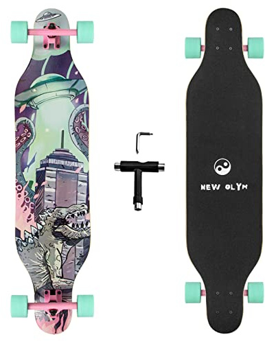 New Olym 41'' Longboard Skateboard 8 Layer Canadian Maple Drop Through Longboards for Youths Beginners, Dinosaur