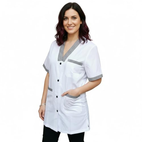 Camice da lavoro donna,casacca alimentari,colf,cameriera ai piani maestra asilo (bianco inserto sale e pepe, L)