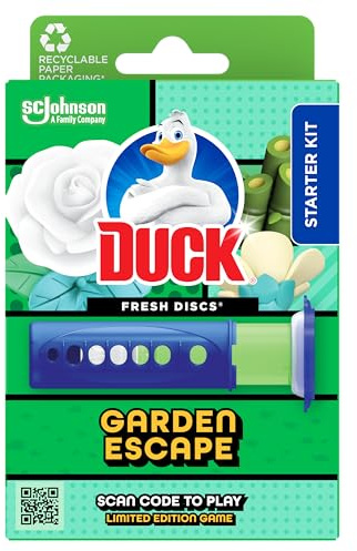 Duck Fresh Discs Toilet Cleaner Starter Kit, Fights Stains That Harbour Germs, Prevents Limescale Build Up, Garden Escape, 1 Holder + 1 Refill Tube