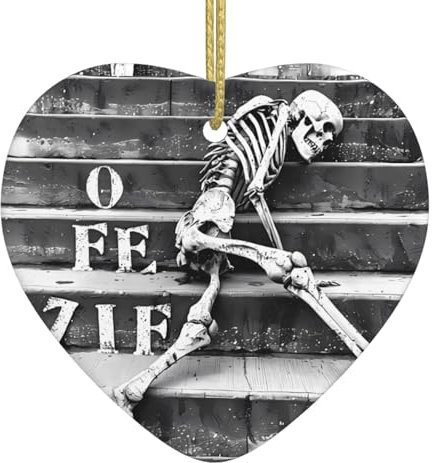 WZYWHJ Colgante de corazón de cerámica de Navidad para decoración de festivales y regalo de recuerdo, esqueleto tumbado en escalones