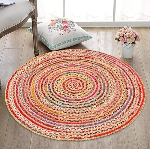 Alfombras redondas trenzadas multicolor de algodón hechas a mano con yute natural, alfombra para decoración del hogar, 3 x 3 pies redonda (90 cm x 90 cm)