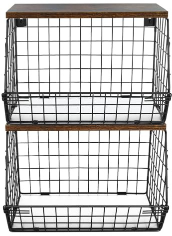 HUOLE Cesta para frutas y verduras, 2 pisos, apilable y montada en la pared, con tapa de madera, para almacenamiento de frutas, verduras y artículos de aseo, 30x15,5x21,6 cm