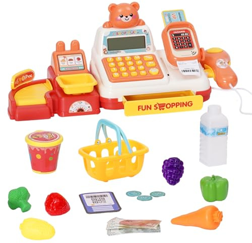 Registratore di cassa giocattolo per bambini, mini cassa giocattolo per bambini con cestino della spesa, registratore di cassa giocattolo 25 pezzi, accessori da negozio gioco di ruolo per bambini