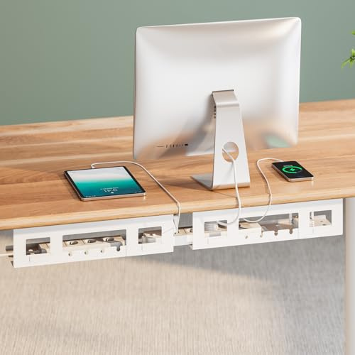 Mimoke Set di organizzazione cavi - Set di 2 in acciaio nero Organizzatore di cavi per scrivanie in piedi, scatola per cavi e prese, rivestimento in polvere, montaggio facile (Bianco)