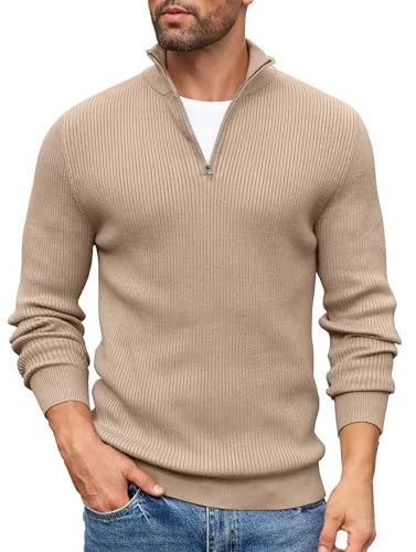 COOFANDY Jersey Hombre con Cuello Alto Suéter de 1/4 Cremallera Jersey de Punto Manga Larga Invierno Cálido Zip Pullover Caqui S
