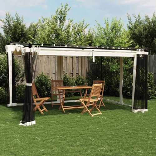 Homgoday Trädgårdspaviljong med utdragbart soltak och nätväggar, festtält, festtält, terrasslusthus, trädgårdstält, UV-skydd för trädgård, festkräm 4 x 3 m stål