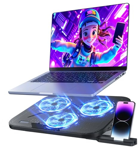 Laptop Cooling Pad with 3 Quiet Fans, 5-Level Height Adjustable Ergonomic Stand, 2 USB Ports & Phone Holder, Fits 12-17 Inch Laptops, Family-Friendly for Gaming/Work/Online Class