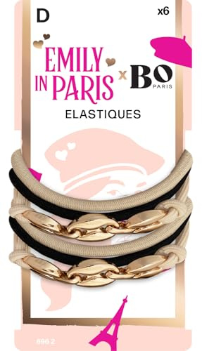 Emily in Paris x Bo Paris – Élastiques cheveux x6 – Tons beige & noir – Détails dorés – Accessoire coiffure chic – Style parisien – Tenue douce & élégante - Lot de 1