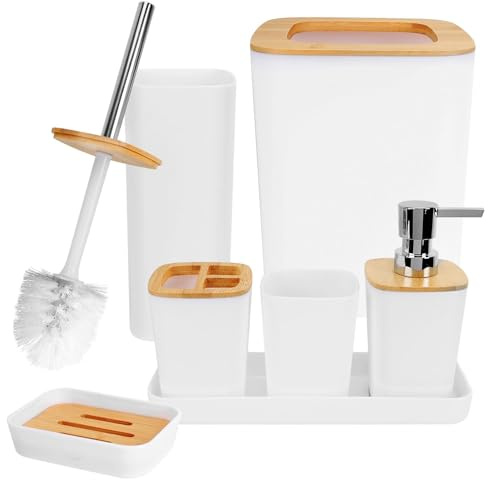 TOTSUN 7 Pieces Bathroom Accessories Set, Luxury Plastic Bathroom Accessories Set Bamboo Cover, Bathroom Bin and Toilet Brush Set with Soap Dispenser, Toothbrush Cup, Toothbrush Holder, Soap Dish