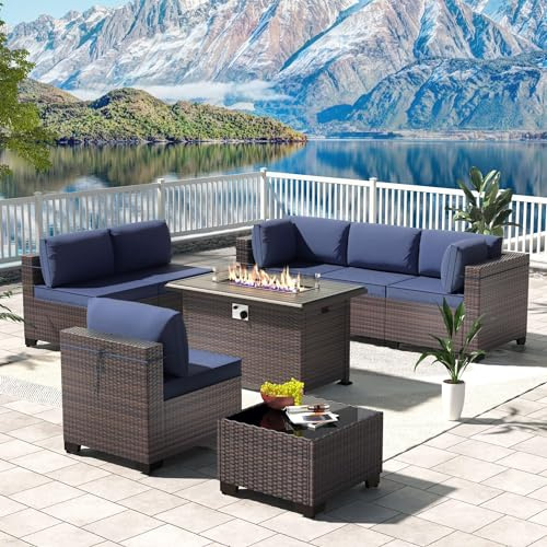 Kullavik 8 Pieces Outdoor Patio Furniture Set Sectional Rattan Sofa Brown Manual Wicker Patio Conversation Set with 43 Gas Propane Fire Pit Table,Navy Blue