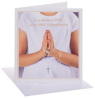 UK Greetings | Communion Card for Girl | Girl with Rosary Design | Congratulations Card | Her/Girls/Women | With Envelope | 13.7 x 15.9cm