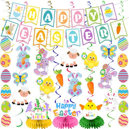 Easter Party Decorations,Happy Easter Banner Bunny Hanging Swirl with Easter Party Hanging Foil Easter Eggs Garland for Easter Tree Decorations Home Office Spring Themed Party