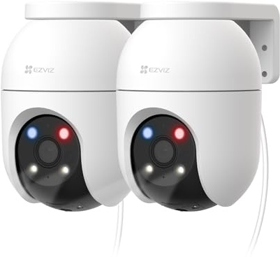 EZVIZ C8c 3K Kit de 2 Cámara WiFi Exterior 360°, Visión Nocturna en Color, Detección de Humanos/Vehículos con IA, Seguimiento Automático con Zoom, Defensa Activa con Luces/Sirena, Compatible con Alexa