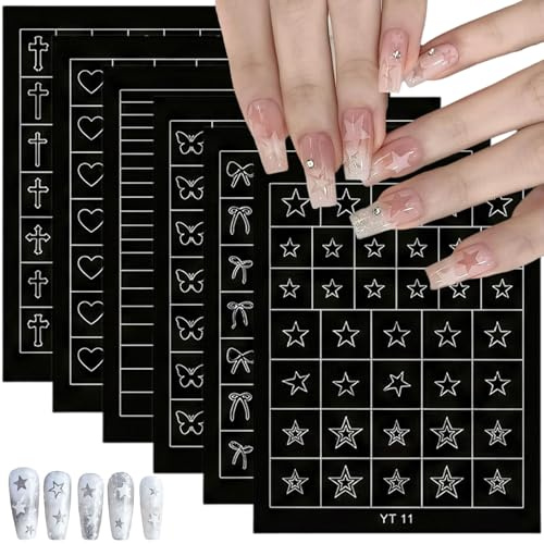 6 Pegatinas para Uñas Caladas, Pegatinas Uñas, Pegatinas para Uñas, Plantillas para Aerógrafo, Manicura DIY, Cuadrados, Corazones, Estrellas de Cinco Puntas, Cruces, Lazos, Mariposas
