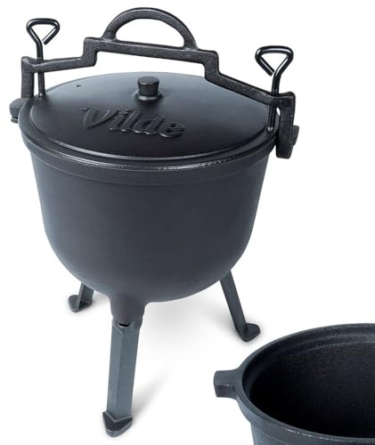 Vilde Hervidor de hierro fundido con tapa, 10 l, para exteriores, horno holandés de hierro fundido para fogatas, camping, barbacoa y jardín, olla de alta calidad