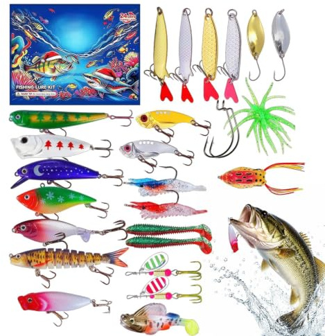 Adventskalender fiske jul kit och fiskeutrustning 24 | Adventskalender fester för pappa pojkvän vuxen samlare jul semester fest hem sovrum