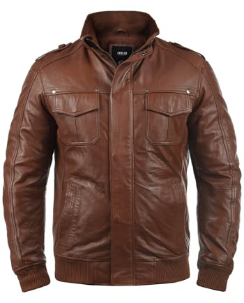 !Solid SDCamash Herren Lederjacke Bikerjacke Echtleder Jacke mit Stehkragen Eingrifftaschen Rippbündchen 100% Schafsleder Regular fit, Größe:M, Farbe:Golden Bro (5063)