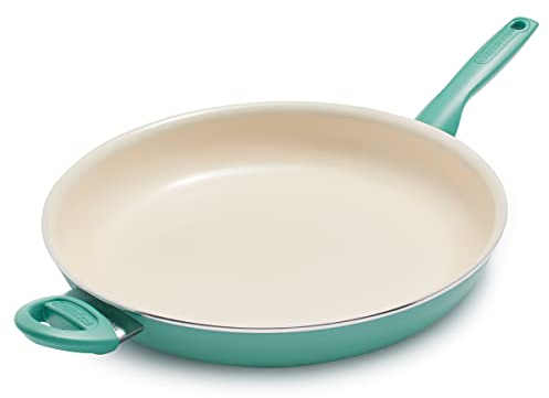 GreenPan Rio hälsosam keramisk non-stick 34,3 cm stekpanna stekpanna med hjälphandtag, PFAS-fri, diskmaskinssäker, turkos