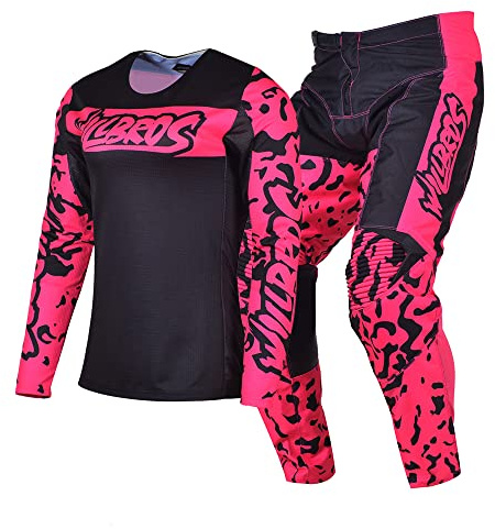 Willbros Femmes Motocross Ensemble de Pantalons et Jersey MX Dirt Bike Hors Route BMX ATV Cyclisme Équitation Noir Rose (Jersey L/Pantalon 34)