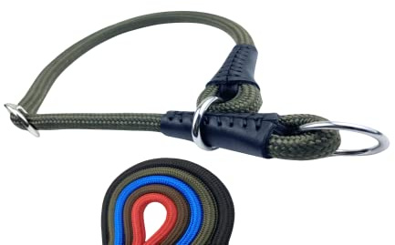 Soft Cord - Hundehalsband mit Zugbegrenzung, Nylon Halsung, Zugstopper, Oliv, S - 45cm, einstellbar, robust, wetterfest, innen textilverstärkt und Endkappen aus Leder