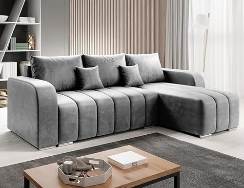 MODERNO Pufetto Corner Sofa with Sleep Function Bedding Storage Container, Corner Couch Sofa Bed for Living Room Bedroom, Furniture Sofas & Couches, Sofa Bed Couch Velour Grey 86x245x147cm