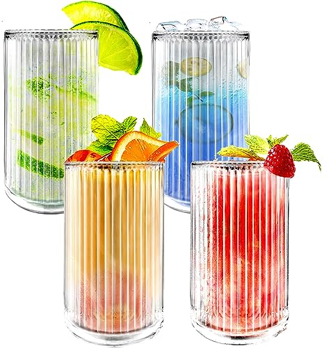 AUFIKR Set di 4 bicchieri a righe in vetro a righe per whisky, cocktail, birra, caffè ghiacciato, per regali carini (bicchieri alti 340,2 g (set da 4), stile a righe)